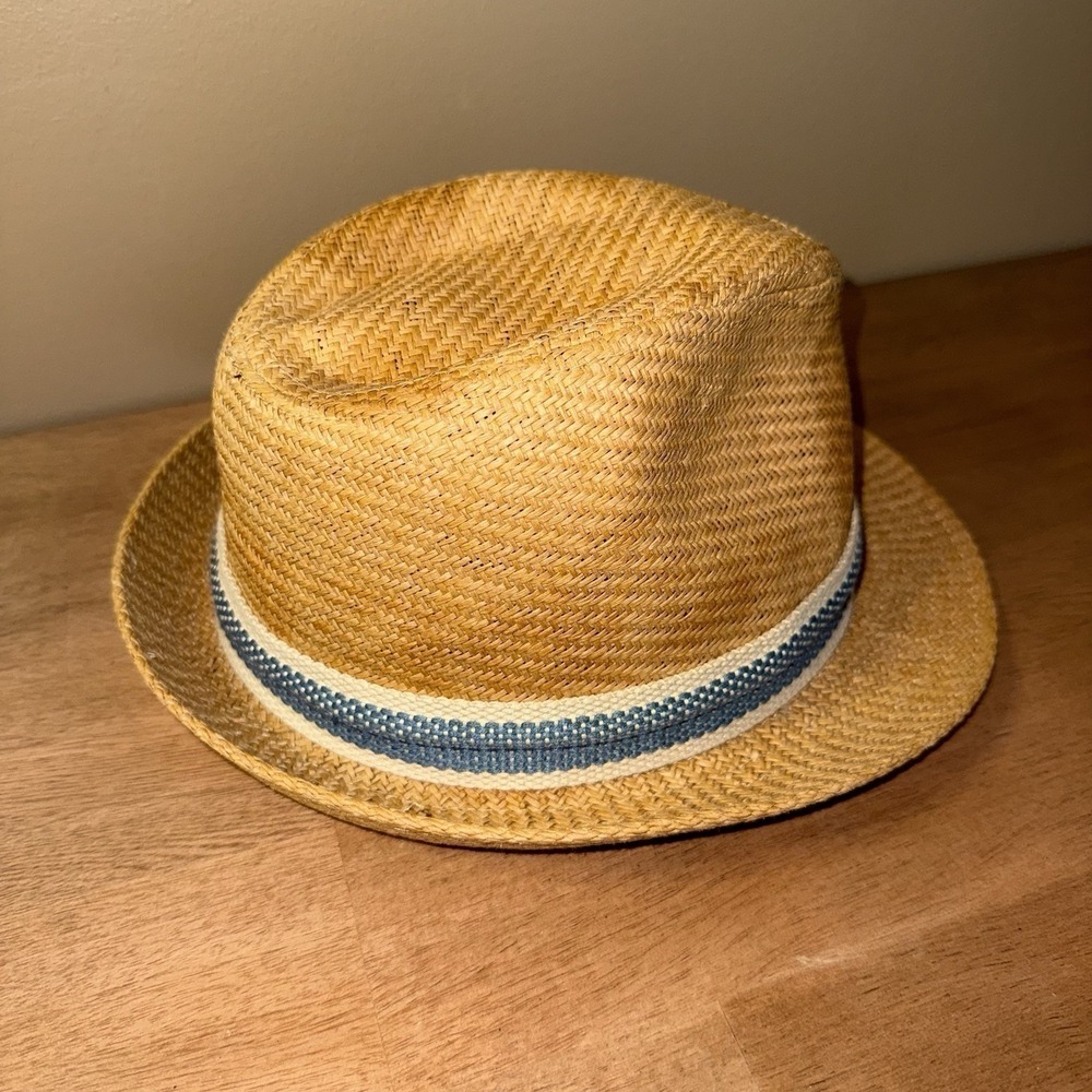 American Eagle Outfitters Tan Straw Fedora Hat with Blue Striped Band One Size - Picture 5 of 5